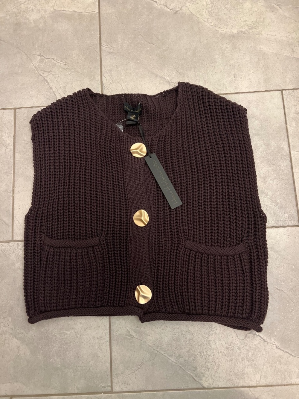 House of Harlow 1960 Chunky Knit Vest in Deep Brown with Gold Buttons